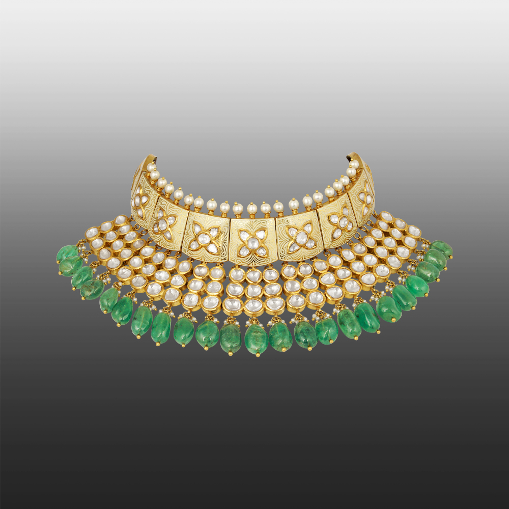 Ivory Enamel Polki Necklace with Pearls and Emerald Drop